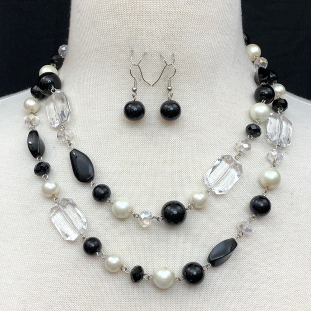 2 Row Layered Black & White Imitation Pearl Beaded Necklace Earrings Set